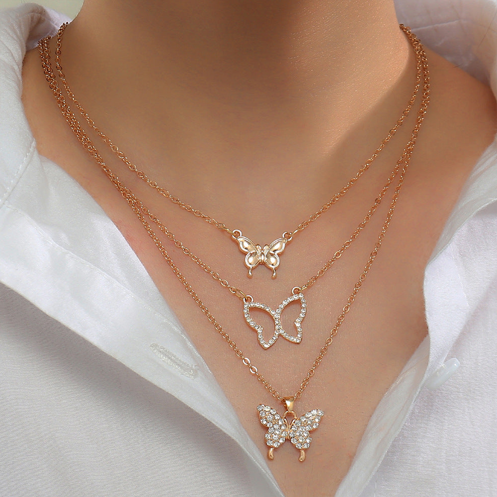 Wholesale diamond butterfly heart-shaped creative titanium steel necklace set and chain three-piece set